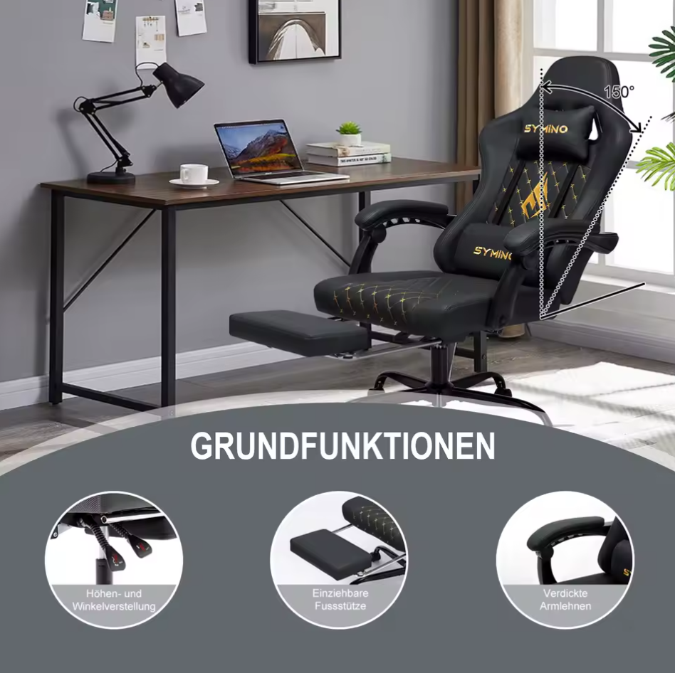 Gamingstuhl mit Fußstütze Bürostuhl Schreibtischstuhl Lederimitat Ergonomisch