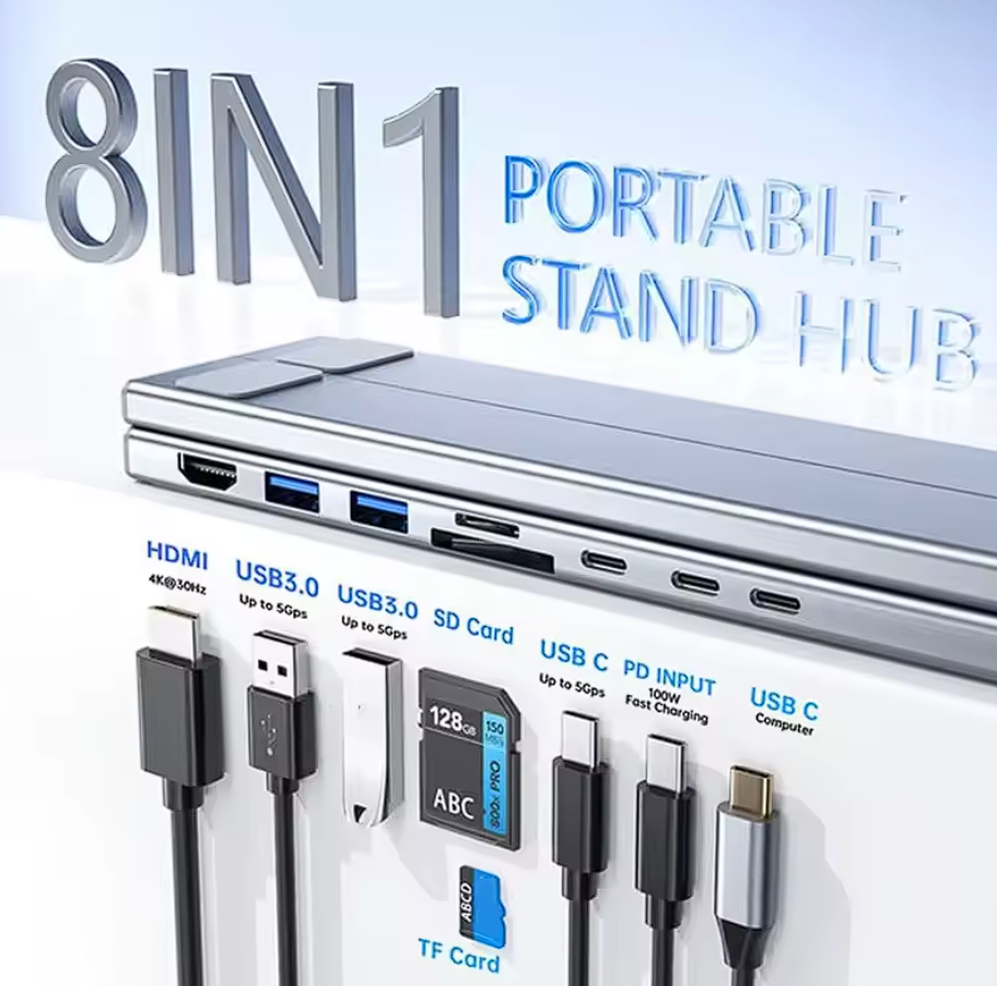 Aluminium 8-in-1 Laptop Ständer HUB mit SD/TF, USB, HDMI, PD100W, USB-C