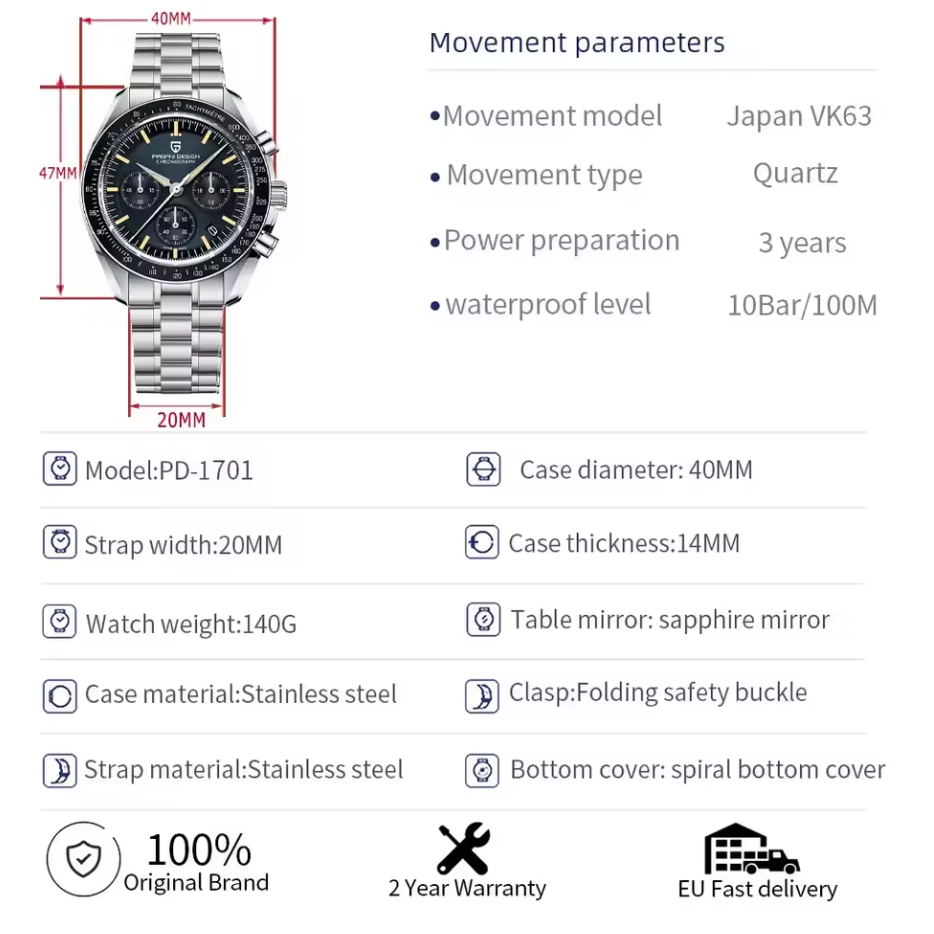 Pagani Design PD-1701 Chronograph Japanisches Quarzwerk VK63 Neu