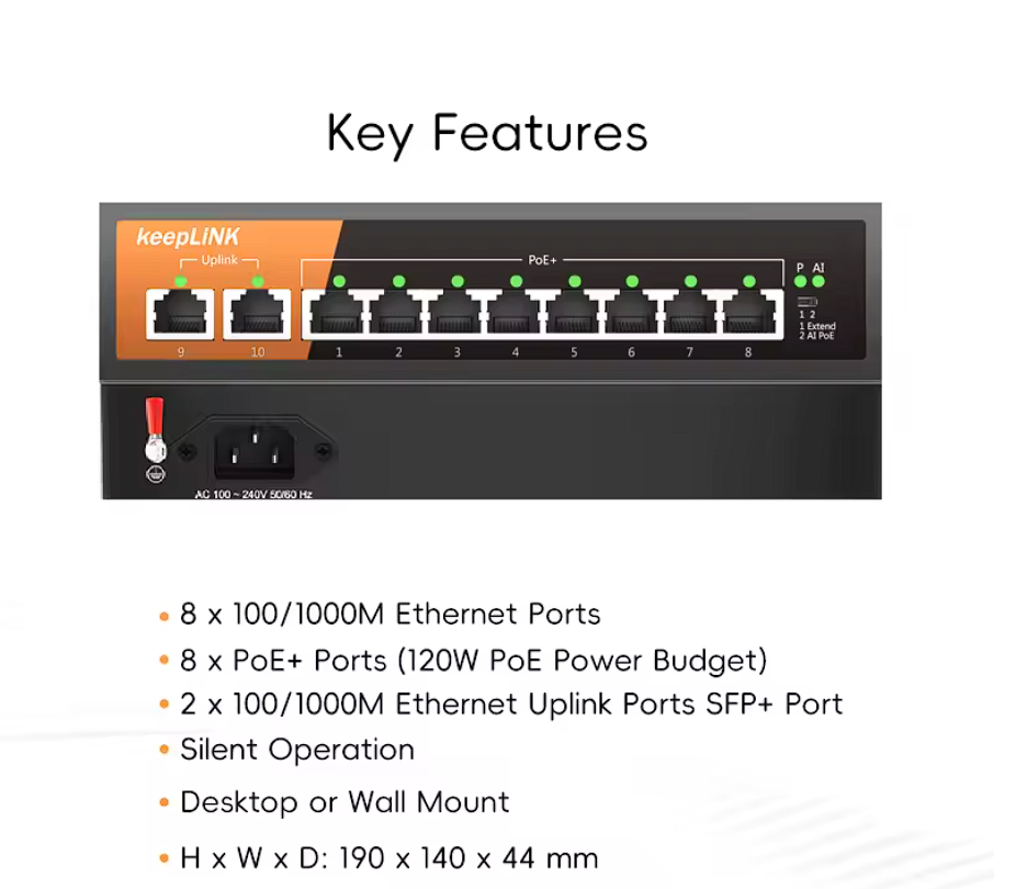 10-Port Gigabit Netzwerk Switch 8x PoE 2x RJ45 Uplink Unmanaged Plug and Play