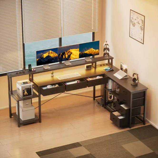 Schreibtisch mit RGB-Beleuchtung Ecktisch Gaming Tisch L-Form Ebenen Schubladen