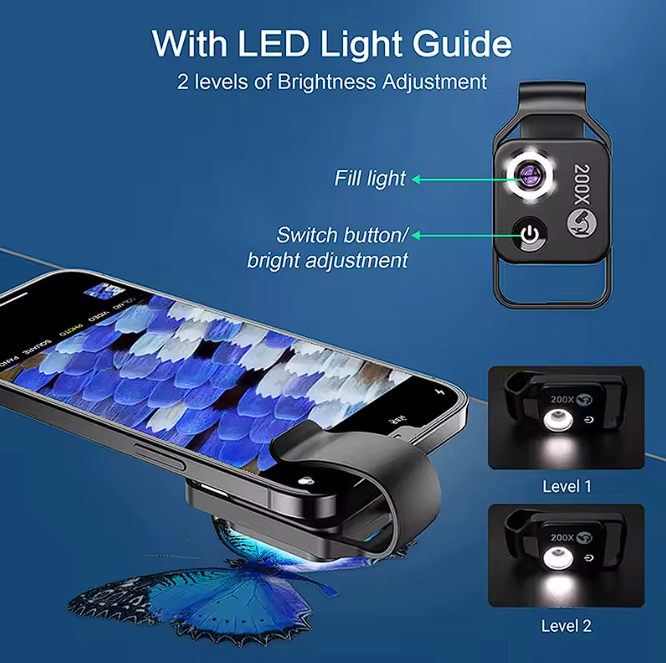 200X Mini Handy Lupe Digitales Mikroskop für Smartphone-Kamera Clip mit LED