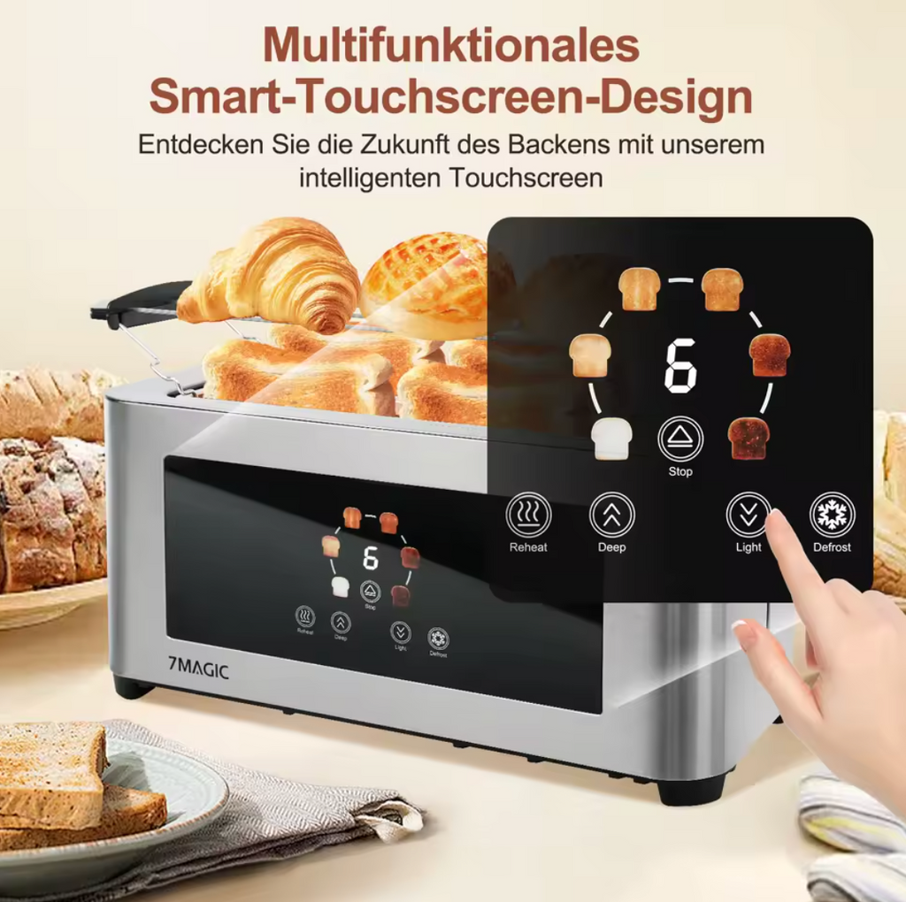 Digitaler Toaster 4 Scheiben mit Display Brötchenaufsatz Langsschlitz Edelstahl