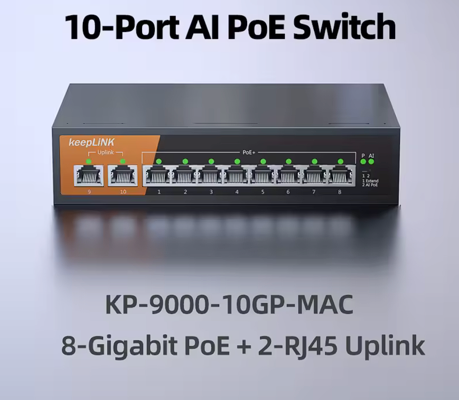 10-Port Gigabit Netzwerk Switch 8x PoE 2x RJ45 Uplink Unmanaged Plug and Play