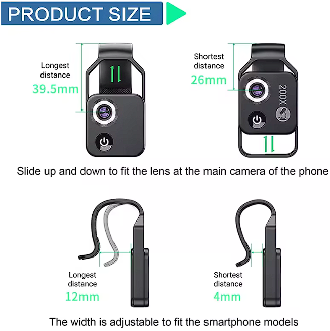 200X Mini Handy Lupe Digitales Mikroskop für Smartphone-Kamera Clip mit LED