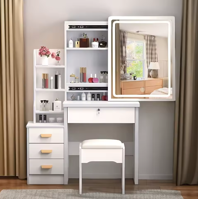 Schminktisch mit LED-Beleuchtung Spiegel mit Hocker Holz mit Schubladen Ablagen