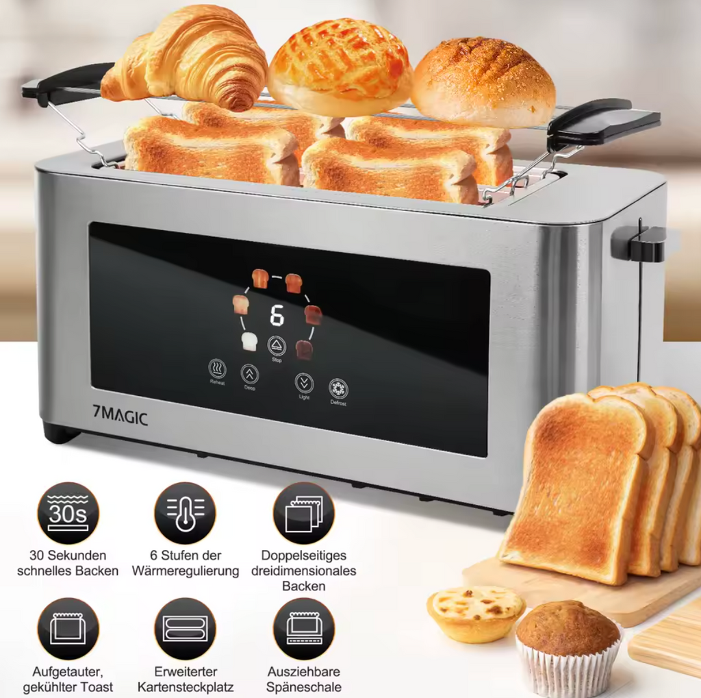 Digitaler Toaster 4 Scheiben mit Display Brötchenaufsatz Langsschlitz Edelstahl