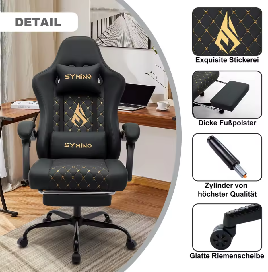 Gamingstuhl mit Fußstütze Bürostuhl Schreibtischstuhl Lederimitat Ergonomisch