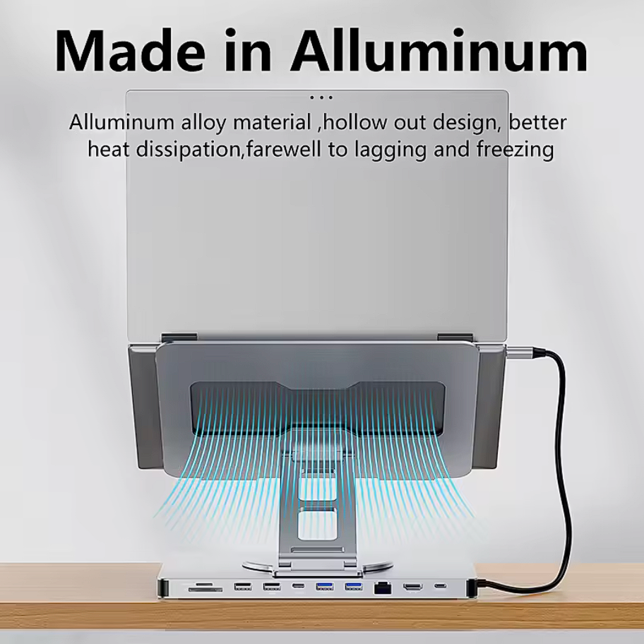 Aluminium 10-in-1 Laptopständer HUB mit SD/TF, USB, HDMI, PD100W 360° Drehbar