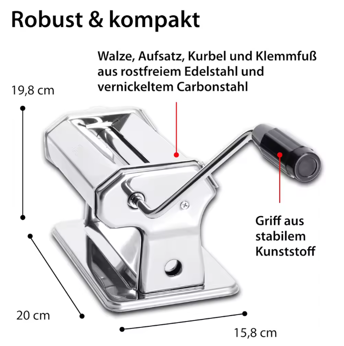 Nudelmaschine manuell Edelstahl Spaghetti Fettucine mit Walze 7 Nudelstärken