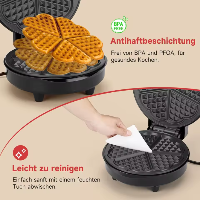 Waffeleisen Waffelautomat Waffelmaker Herzform Waffeln 1000 W Cool Touch