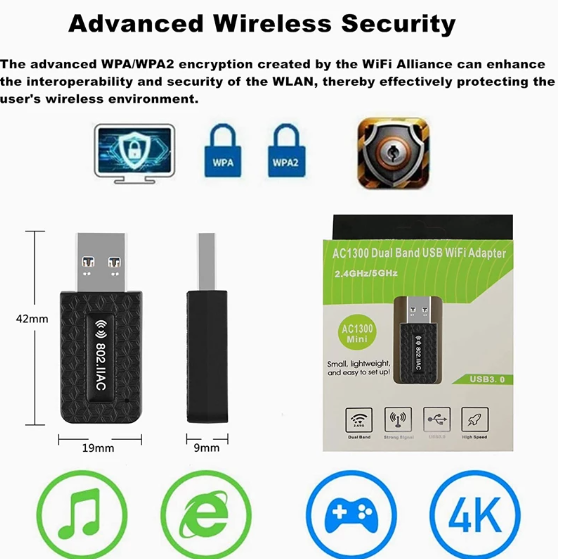 AC 1300Mbps Mini WLAN Stick Dual Band 2.4GHz / 5GHz Dongle USB 3.0 WiFi Adapter