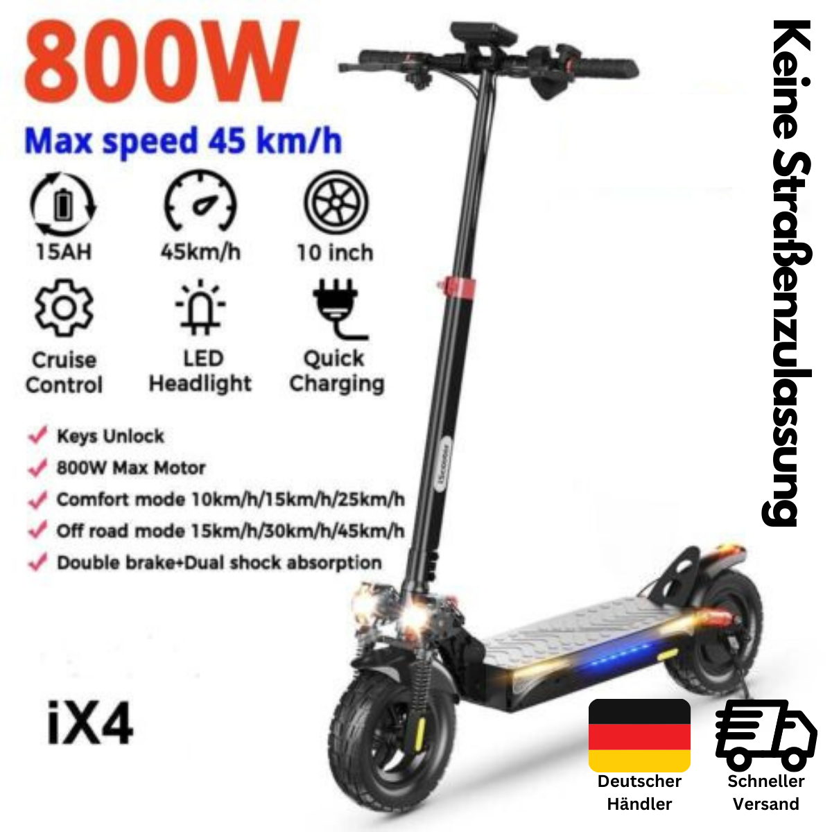 E-Scooter Elektroroller Faltbar Offroad Elektro Roller 10 Zoll iScooter iX4 45km
