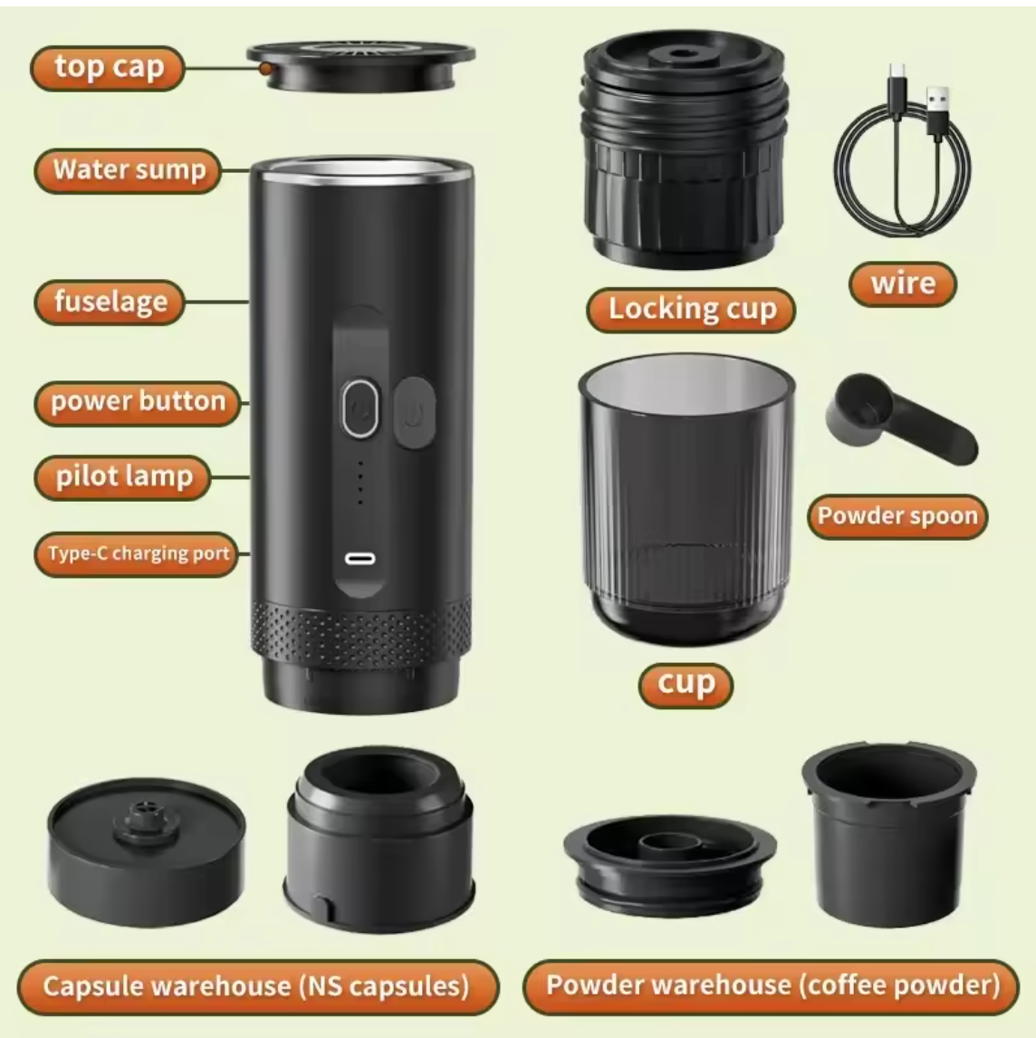 Tragbare Espressomaschine Kaffee Espresso Maschine kabellos Kapseln Kaffeepulver