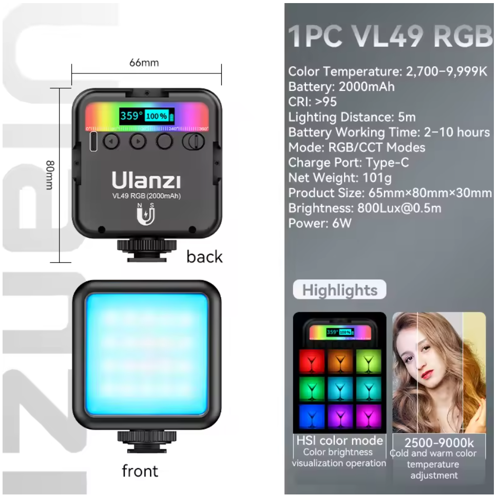 Ulanzi VL49 Mini RGB LED Videoleuchte 2700K-9000K Fotografie Studioleuchte