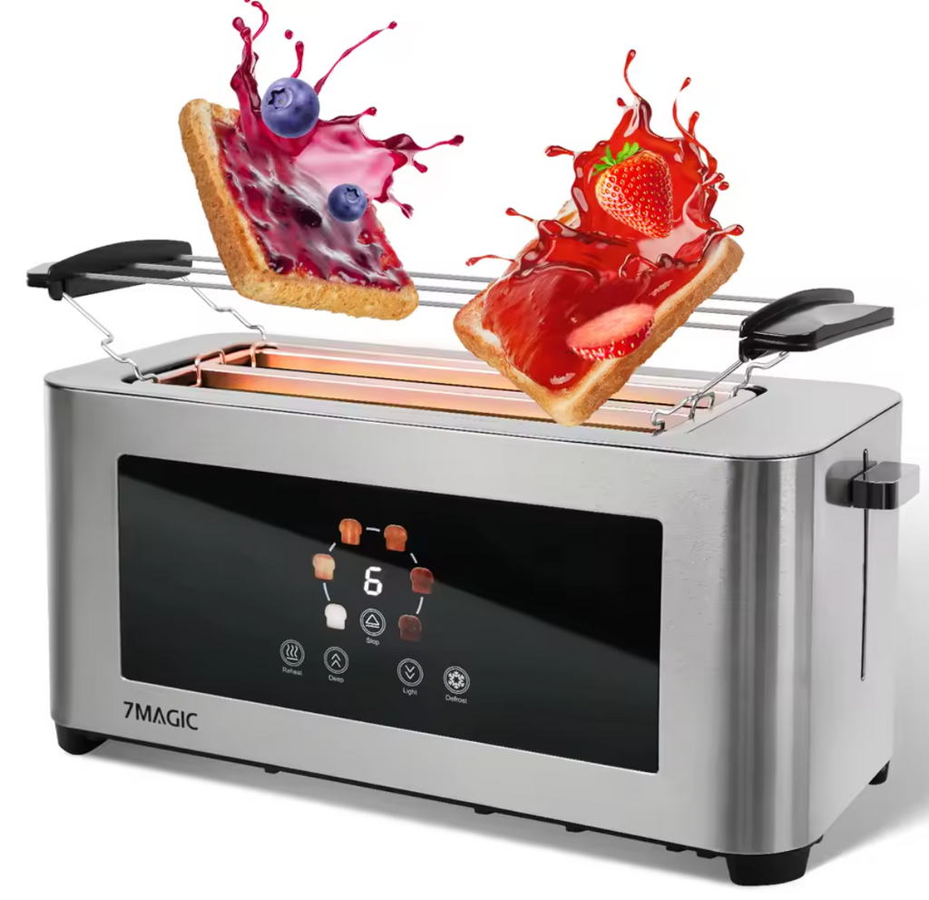 Digitaler Toaster 4 Scheiben mit Display Brötchenaufsatz Langsschlitz Edelstahl