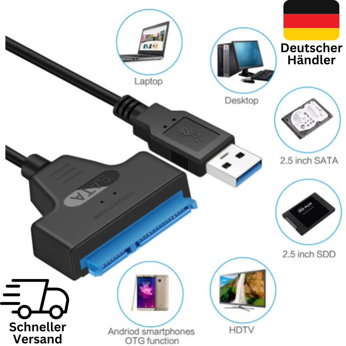 SATA USB 3.0 Adapter Kabel für 2.5 Zoll HDD SSD Festplatten mit UASP Support NEU