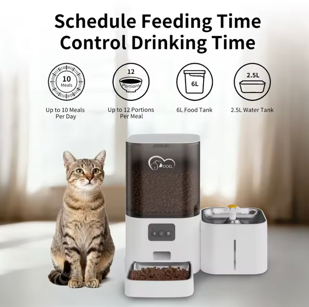 DOEL 2-in-1 Smart Katzenfutterautomat 6L + 2,5L Wasserbrunnen App WiFi Steuerung