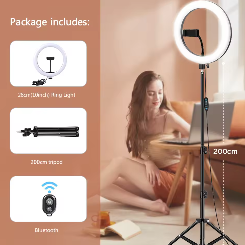 10" LED Ringlicht mit Stativ Handyhalterung Ringleuchte LED Selfie Lampe Dimmbar