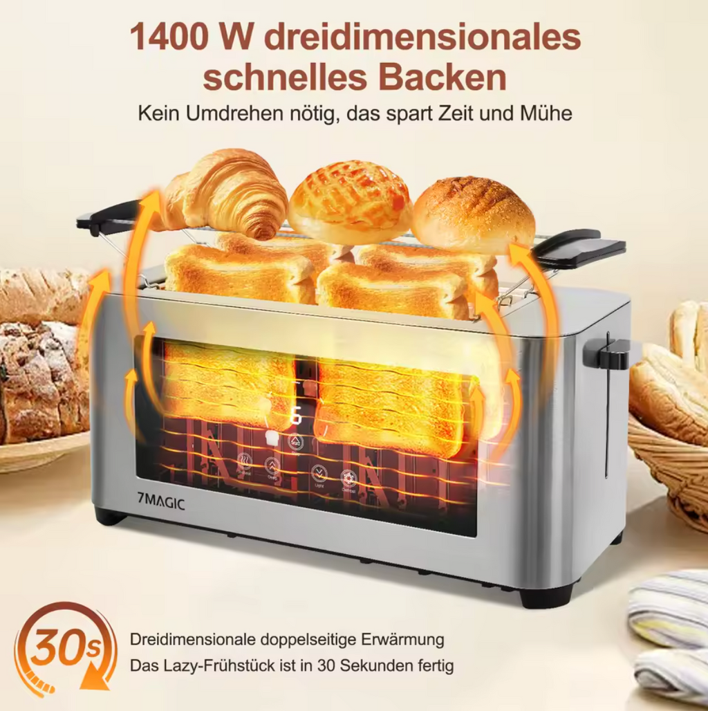 Digitaler Toaster 4 Scheiben mit Display Brötchenaufsatz Langsschlitz Edelstahl