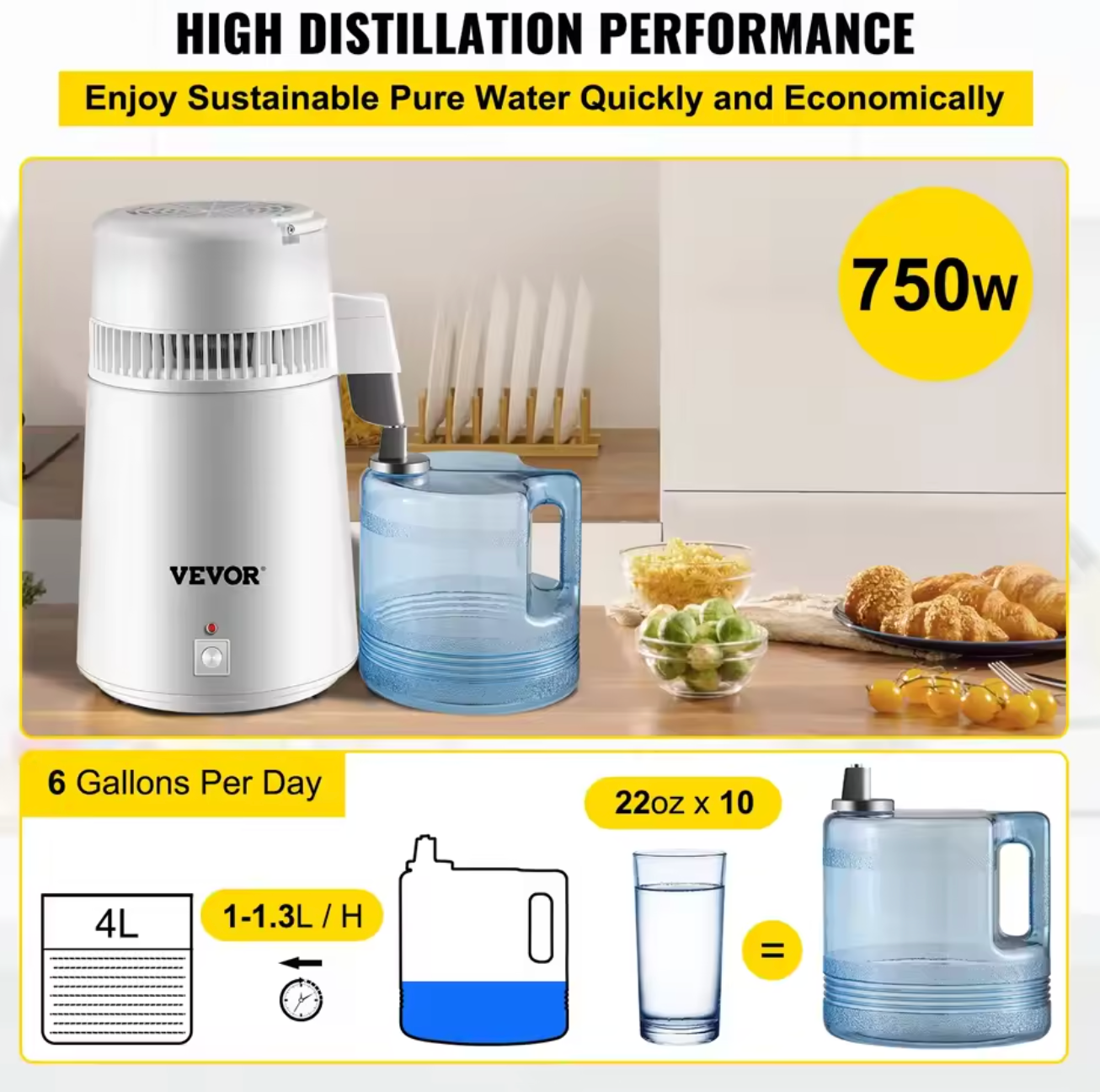 VEVOR 4L Wasserdestillierer Edelstahl 750W Wasserentkalker Destilliergerät