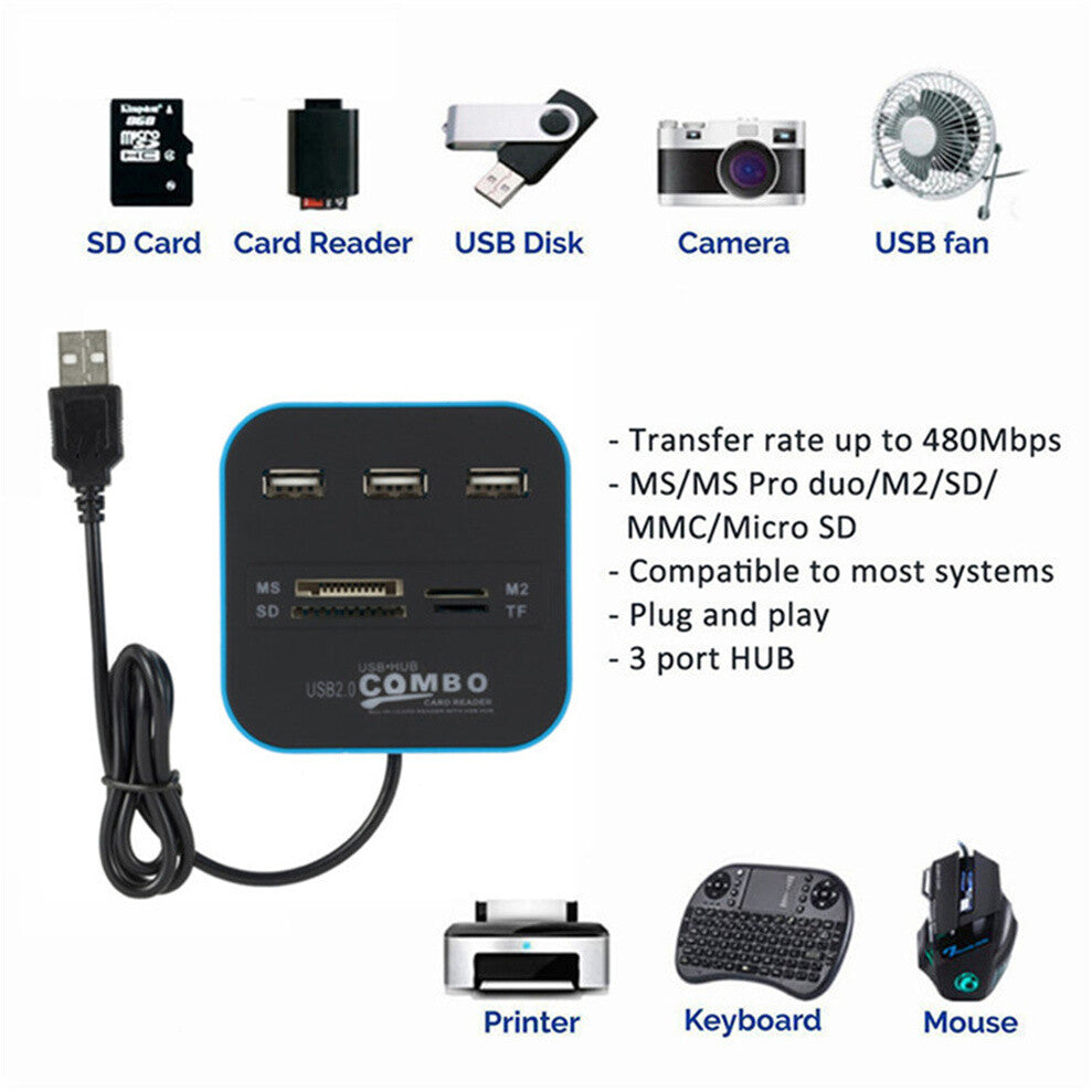 High Speed USB 2,0 Hub 3 Port Mit Kartenleser Mini Hub USB Combo ALL In One