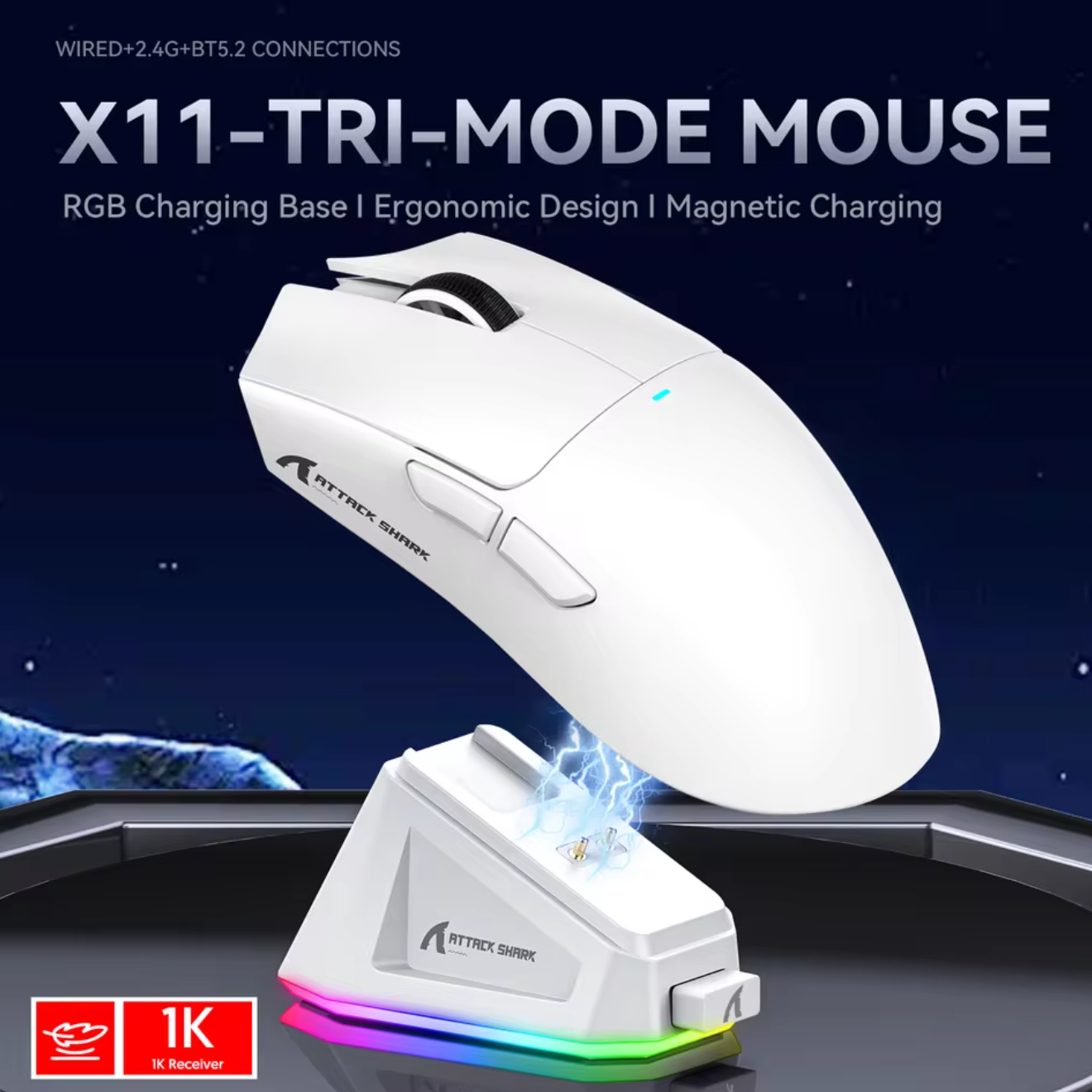 Attack Shark X11 Tri-Mode Gaming Maus mit magnetischer Ladestation Kabellos