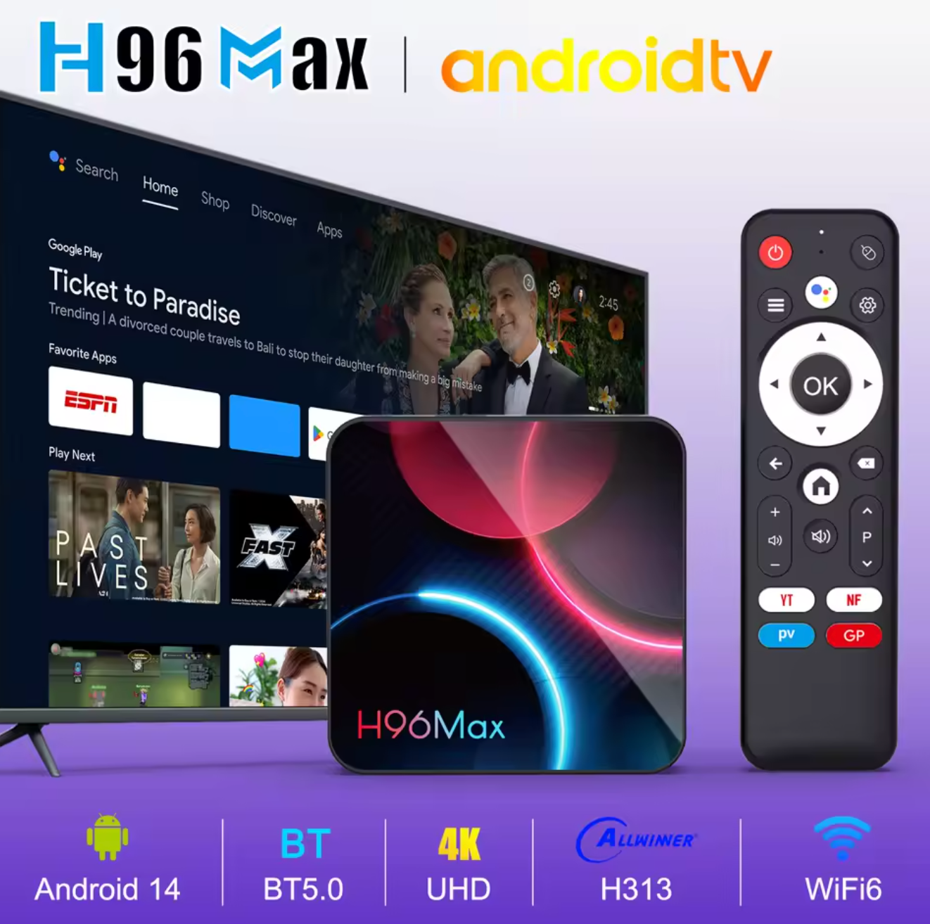 H96 Max Android Smart TV Box Ultra HD 4K 2GB 16GB Media Wifi 6 Bluetooth 5.4