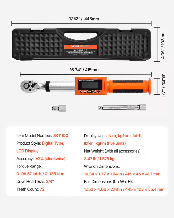 Digitaler Drehmomentschlüssel Set 0-135Nm 1-135Nm 3/8" Schlüssel