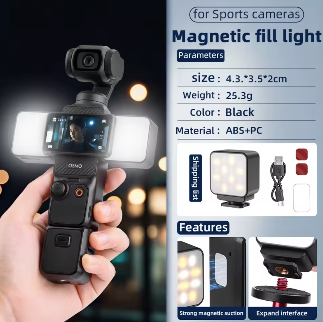 Magnetisches LED-Fülllicht für DJI Osmo Pocket 3 Kamera dimmbar LED Lampe