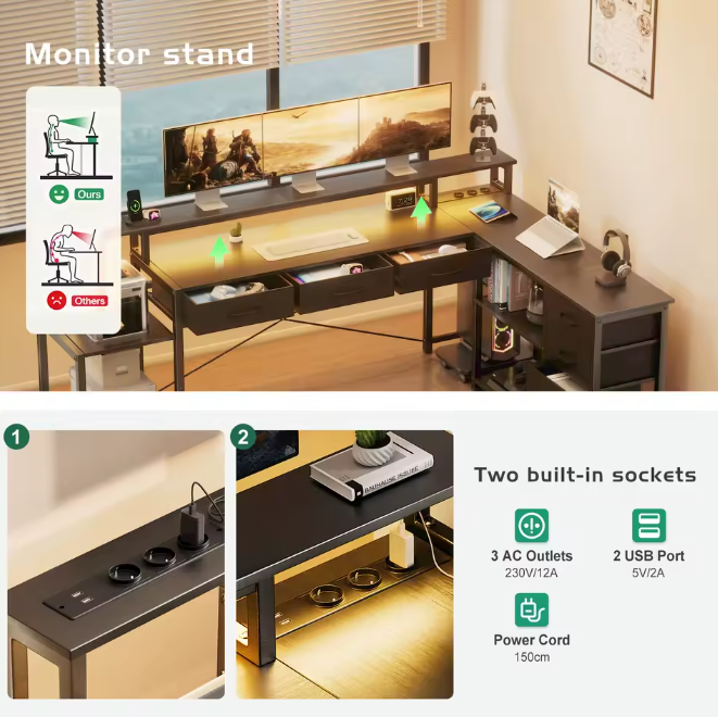 Schreibtisch mit RGB-Beleuchtung Ecktisch Gaming Tisch L-Form Ebenen Schubladen