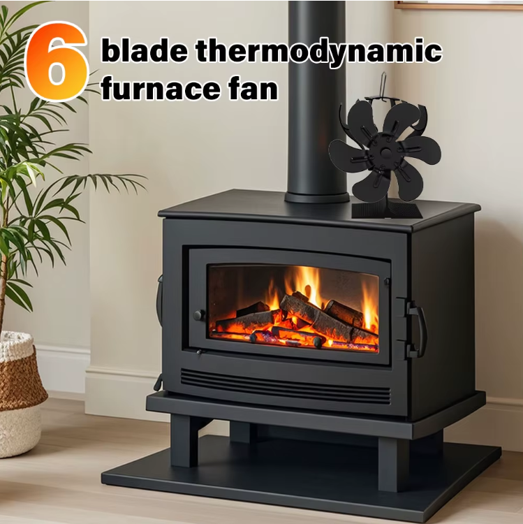 Ofen Ventilator Kaminofen 6 Flügel stromlos wärmebetrieben mit Thermometer