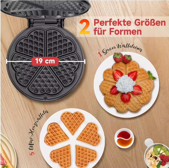 Waffeleisen Waffelautomat Waffelmaker Herzform Waffeln 1000 W Cool Touch