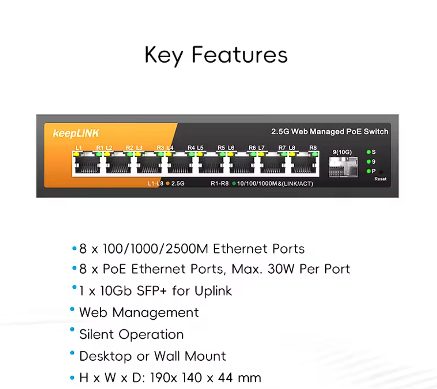 9 Port Netzwerk Switch Lan Verteiler Web Managed 2,5G PoE und 10G SFP+ Uplink